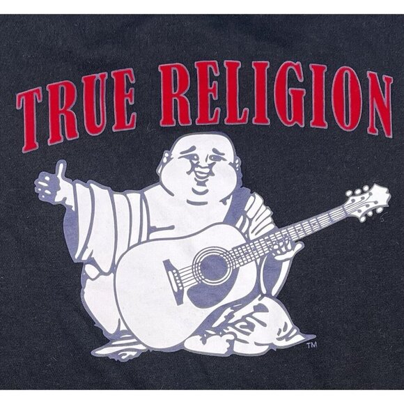 TRUE RELIGION Womens MEDIUM Black Heritage Crewneck Sweatshirt Buddha Pullover - Picture 4 of 11